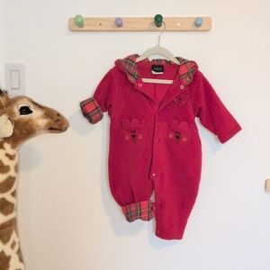 VINTAGE - 6-12 M - Polard Red Plaid-Trim Fleece One-Piece for Kids